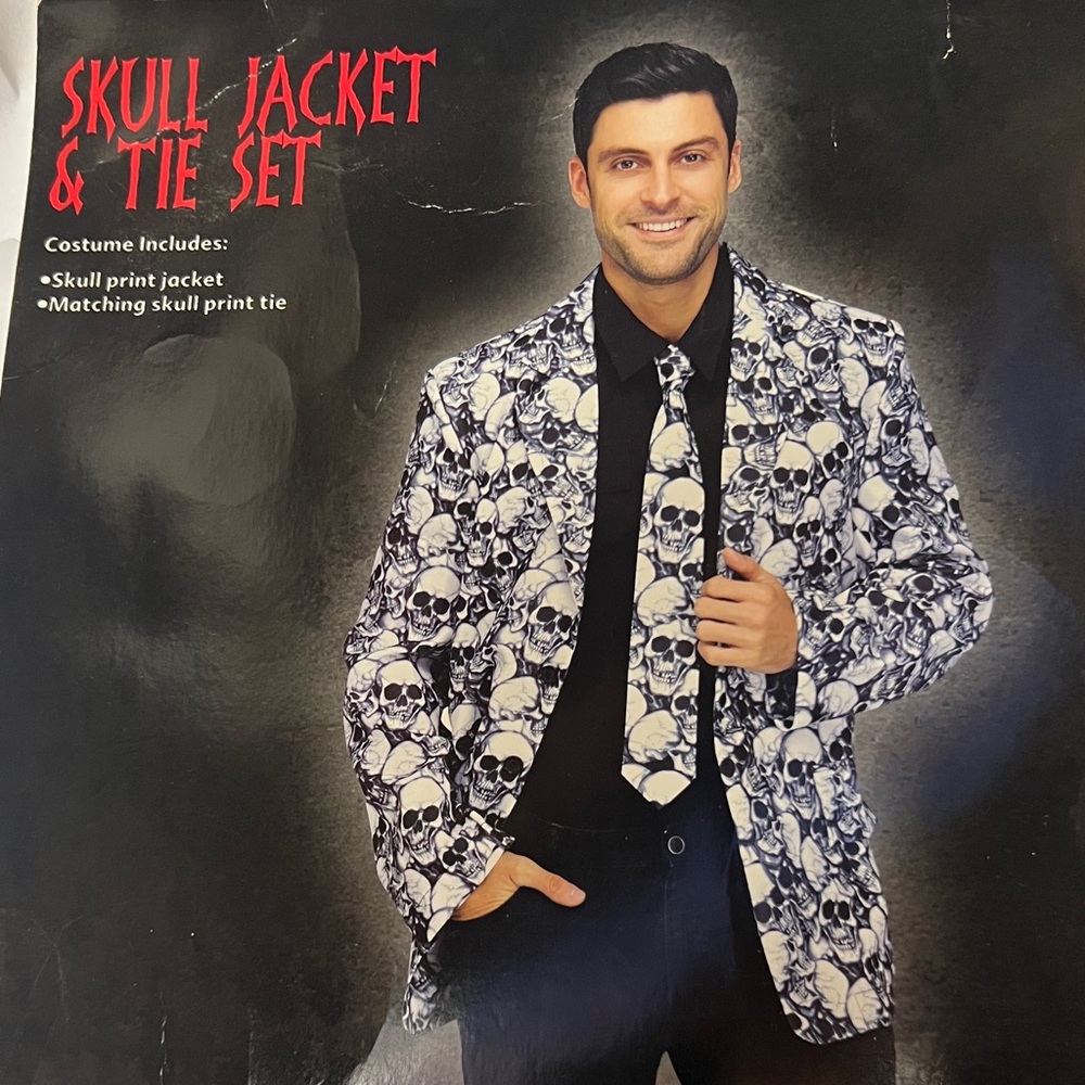 Men's Skull Pattern Blazer and Tie Set - Black and White